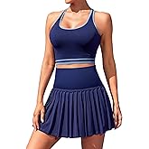 ATTRACO 2 Piece Tennis Dresses for Women High Waisted Pleated Skirt Sets Seamless Colorblock Golf Outfits
