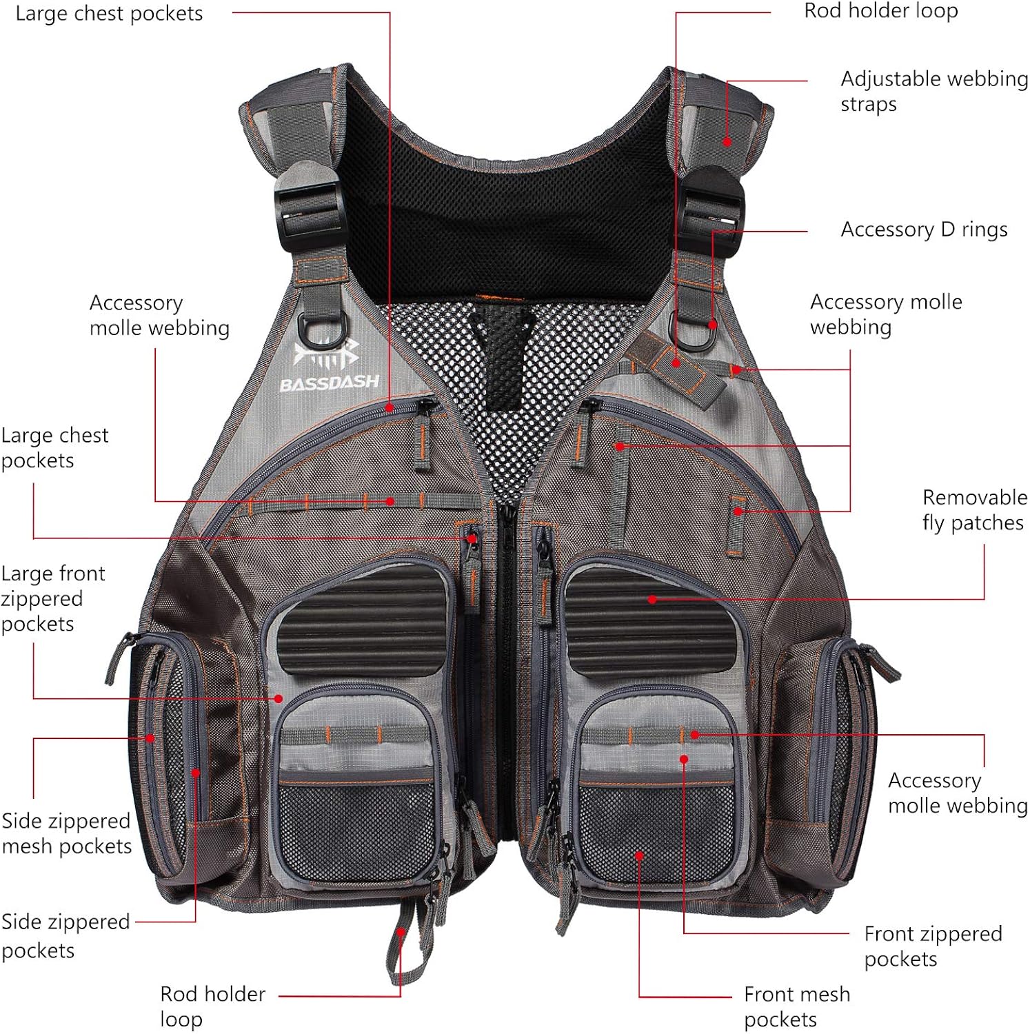 Bassdash Strap Fishing Vest Adjustable for Men and Women, for Fly Bass Fishing and Outdoor Activities: Clothing