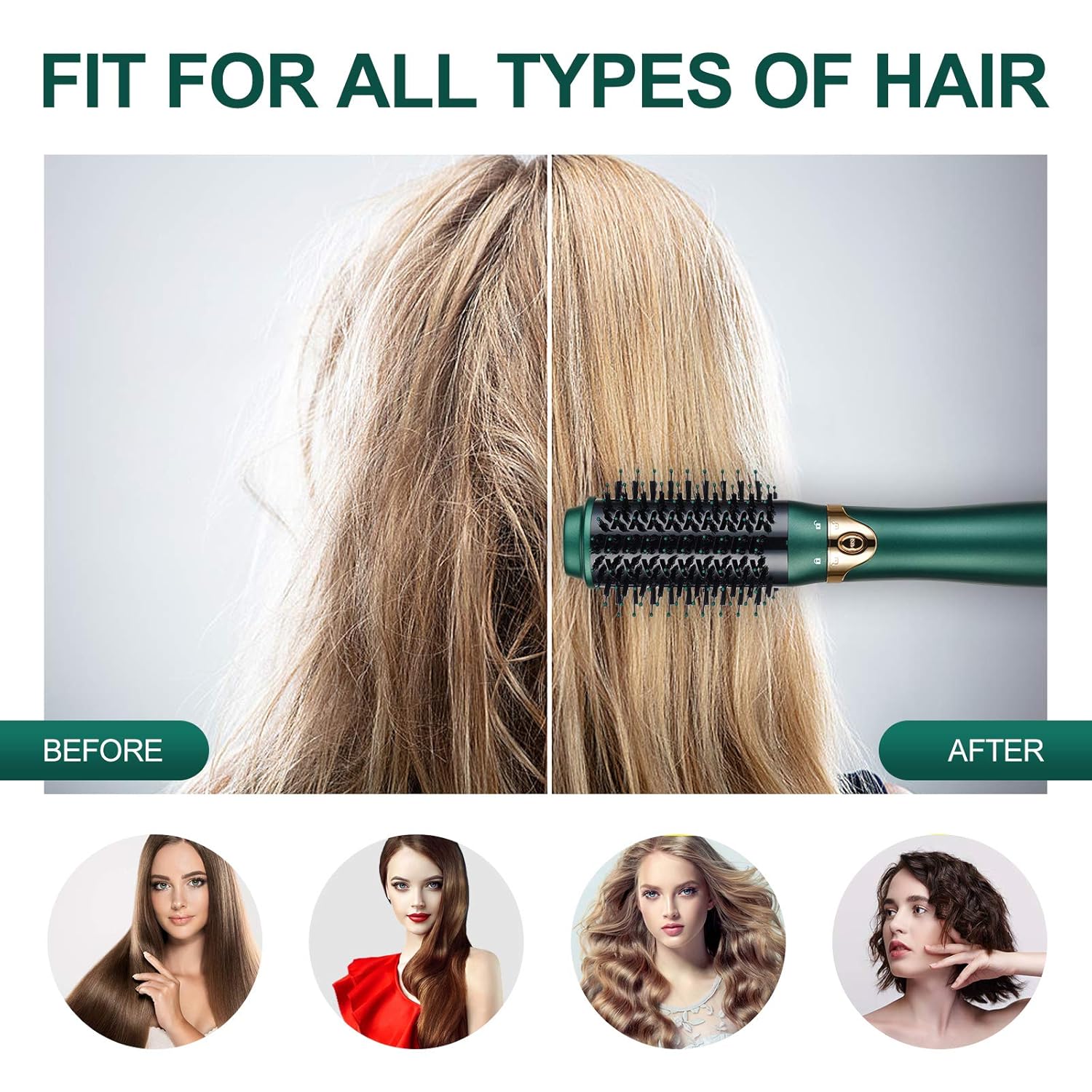 Hair Dryer Brush, Interchangeable Brush Head Hot Air Brushe Set, 4 in 1 Hair Dryer and Volumize with Negative Ion Reduce Frizz and Statics for Curling, Drying and Straightening (Green): Health & Personal Care