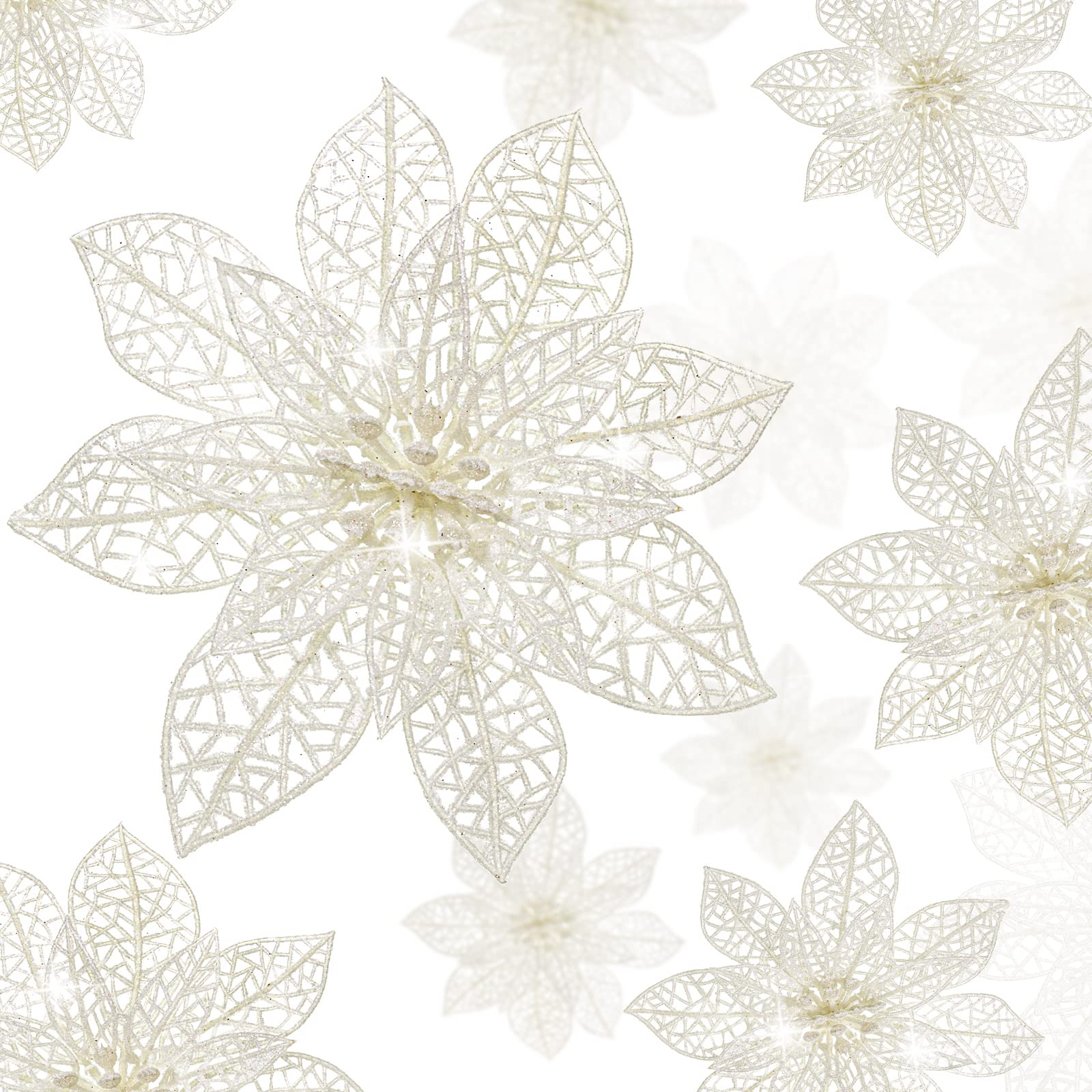 WILLBOND 36 Pieces 3 Size Christmas Glitter Poinsettia Faux Wedding Flowers Christmas Flowers Decoration Ornaments for Christmas Tree New Year Home Outdoor Decoration (White) — image 1