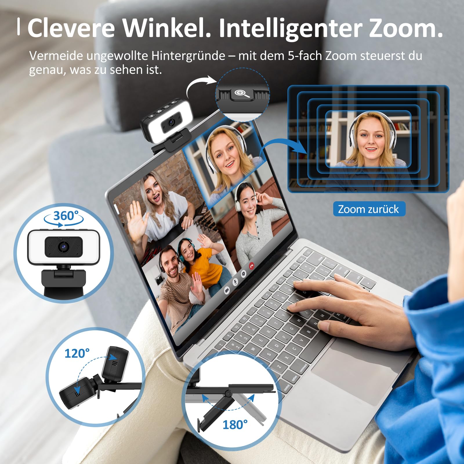Danyesth 2K Webcam mit Mikrofon und Abdeckung – USB PC Kamera mit Licht, Zoom, Flip, Privacy-Cover – Externe Web Cam für Laptop, Desktop, Homeoffice & Streaming 5