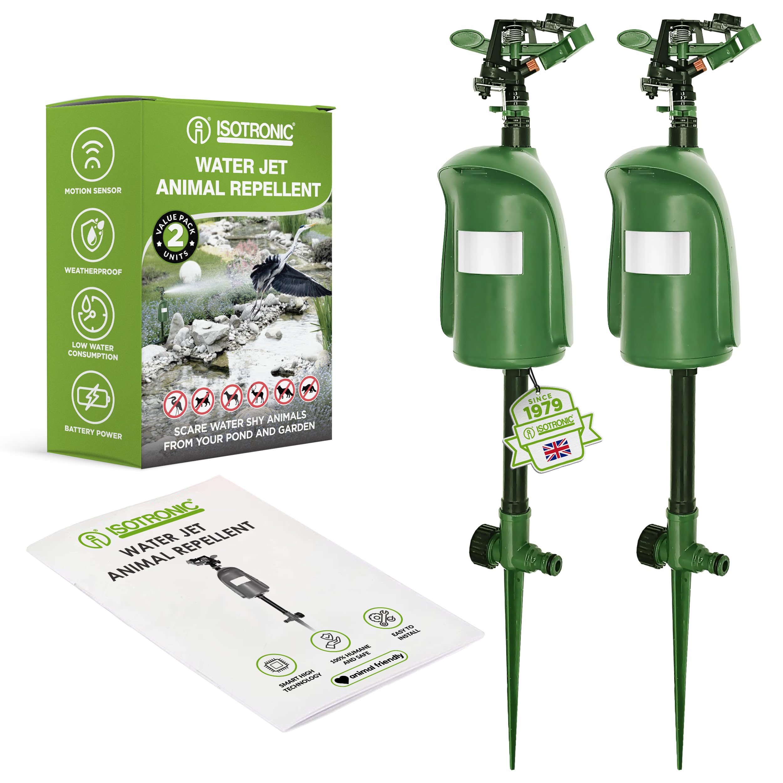 ISOTRONIC Water Jet Animal Repellent for Repelling Cats, Herons & Martens - Cat Deterrent with 120° Motion Sensor & Adjustable Action Radius - Heron Deterrent for Garden & Pond (Pack of 2)