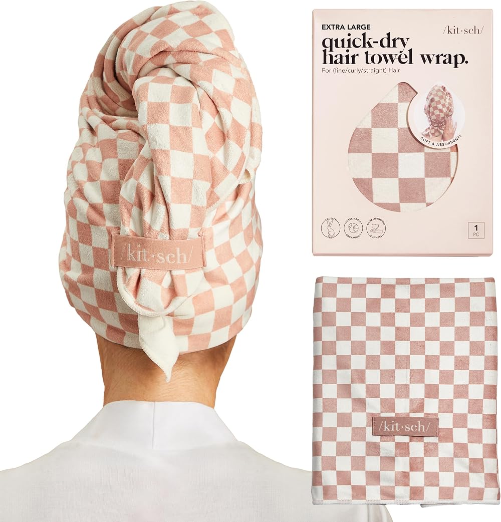 Kitsch XL Microfiber Hair Towel Wrap Terracotta Checkered 40x24 in
