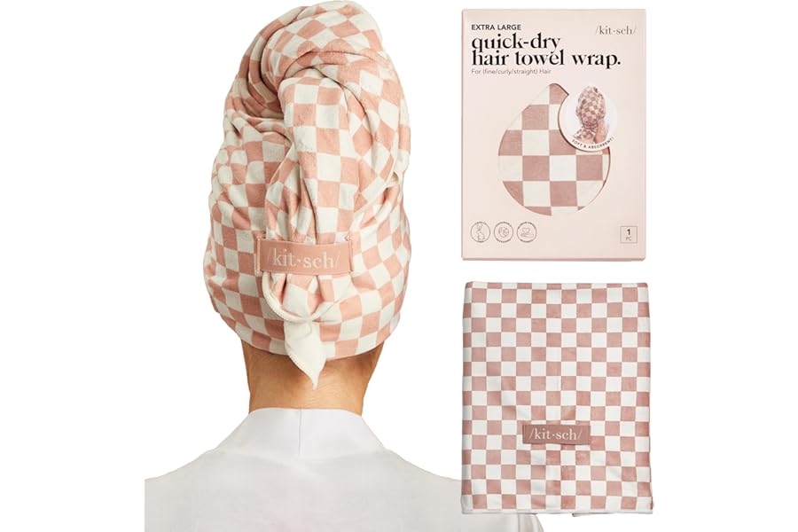 Kitsch XL Microfiber Hair Towel Wrap for Women – Ultra Absorbent Microfiber Towel for Wet, Curly, Long or Short Hair – Quick Dry, Anti-Frizz Hair Wrap – Terracotta Checkered, 40×24 inches