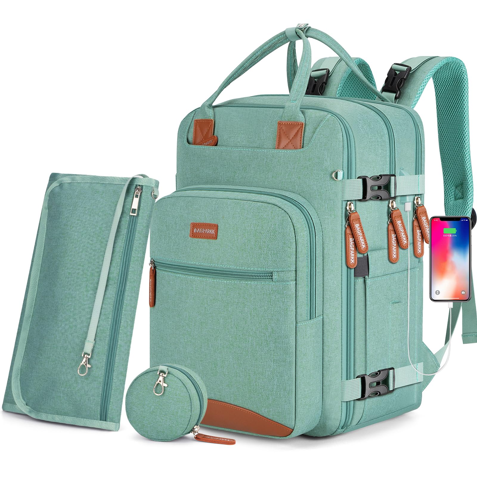 Photo 1 of Diaper Bag Backpack,BAGPARKK Multi function Baby Bag with Portable Changing Pad, Pacifier Holder,Waterproof Diaper Bags with USB Charging Port,Anti-Theft Travel Backpack for Mom, Dad, Newborn (Green)