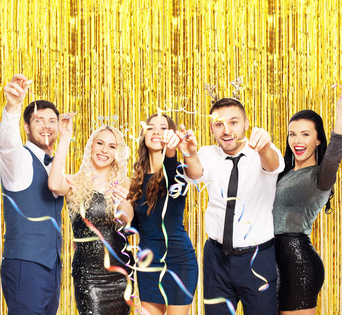 (Pack of 2) Gold Foil Fringe Backdrop Curtain, Photo Booth Backdrop for Party Decoration, Christmas party, New Year Eve Party Supplies, Birthday, Holiday Decorations