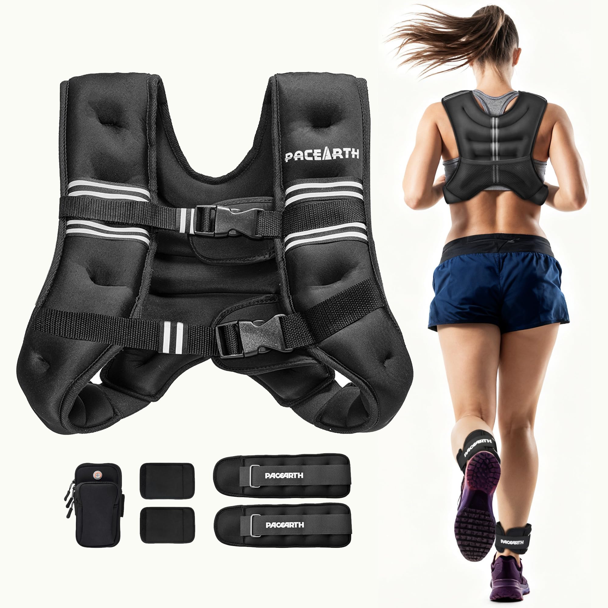 PACEARTH Weighted Vest,6lb/8lb/10lb/12lb/16lb/20lb/25lb/30lb Weight Vest with Reflective Stripe, Body Weight Vests for Women, Men, Weight Loss Workout, Strength Training, Running, Walking, Jogging Image