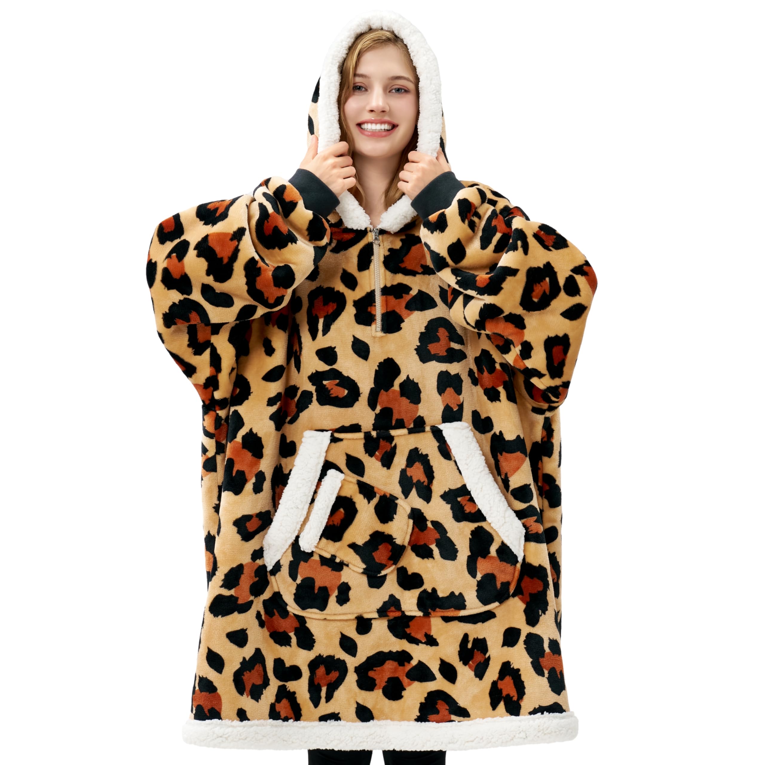 Giggling Getup Wearable Blanket Hoodie for Adults Gifts for Teen Girls Sister Women Sherpa Fleece Printed Hooded Blanket Sweatshirt Warm Cozy with Pocket & Sleeves Brown Leopard Image