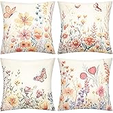 Weysat Spring Flowers Throw Pillow Covers 18 x 18 Inch Set of 4 Spring Throw Pillow Case Wildflowers Butterfly Pattern Springtime Farmhouse Decorative Cushion Case Decoration for Home Couch Sofa Bed