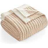 Snuggle Sac Fluffy Ribbed Beige Blanket Twin Size, Soft Luxurious Knit Fuzzy Plush Microfiber Blankets for Sofa, Bed, Beige, 60x80 inches