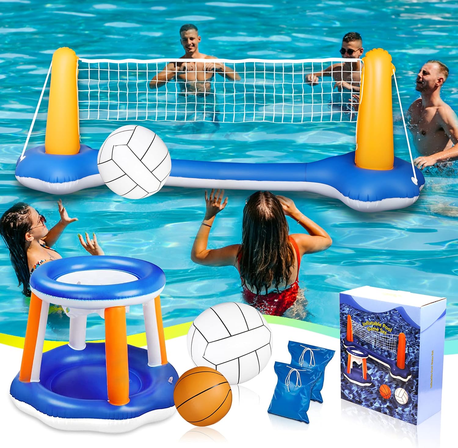 Pool Volleyball Set, Inflatable Volleyball and Basketball Net for Pool, Floating Pool Swimming Game Toys Nets Sets for Pool Activities Above Ground Pool Kids Adults (Upgraded Size, 120” inch): Sports & Outdoors