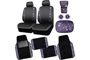 CAR PASS Bling Rhinestone Diamonds Car Seat Covers Leather Shining Rhinestone Car Floor mats Carpet with Anti-Slip Nibs Sparkly Car Accessories Sets Women Glitter Crystal Combo Set Violet Purple