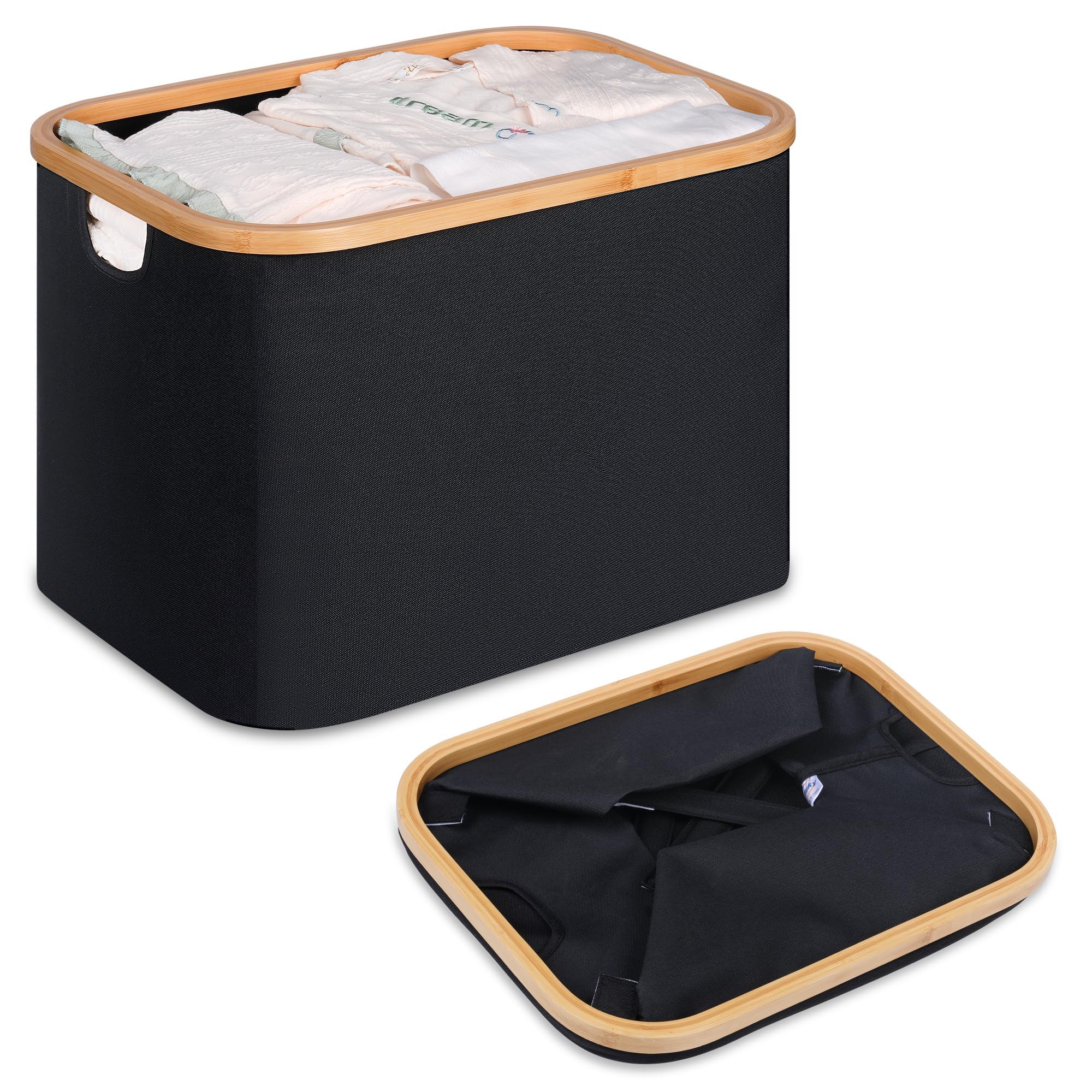 efluky Foldable Washing Basket, 48L Bamboo Laundry Basket, Collapsible Laundry Baskets Wash Clothes Ironing Baskets, Black Folding Laundry Hamper