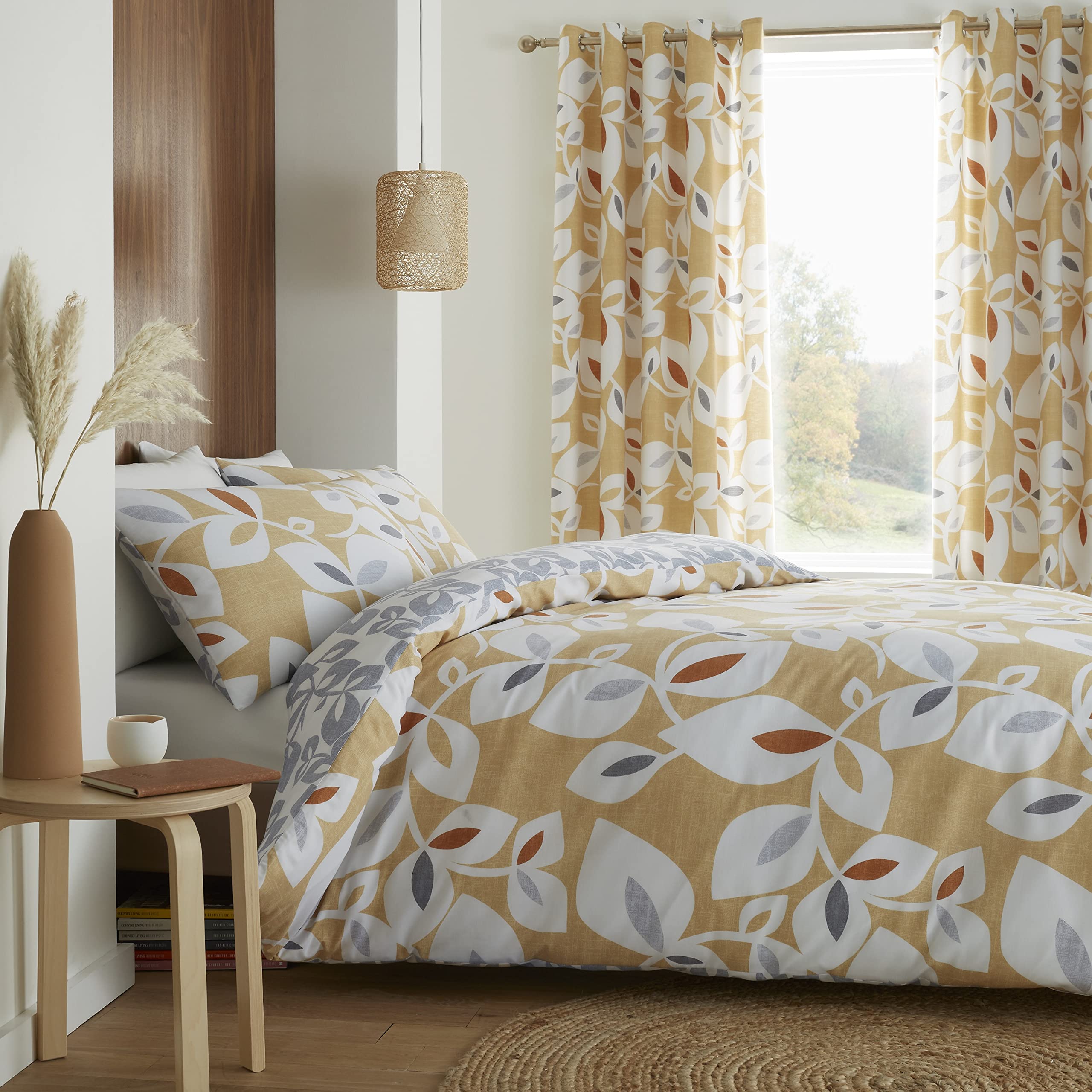 Catherine Lansfield Inga Leaf Gold Duvet Cover + Pillowcase for Bed 90 cm - 160 x 220 + 50 x 110 cm