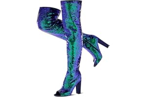 KHPAERMEI Sparkly Thigh High Boots for Women Sexy Sequin Over The Knee High Boots Party Prom Open Toe Chunky High Heels