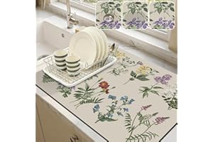LOKHOM Dish Drying Mat for Kitchen Counter, 18"x24" Absorbent Coffee Bar Mat with Vintage Sage Flower Herbs, Dish Drainer Rac
