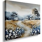 Rustic Farmhouse Canvas Wall Art Country Landscape with Daisies Painting, French Countryside Barn Print, Nature Mountain Scenery Wall Decor for Living Room, Bedroom, Bathroom Office (12''x16'')