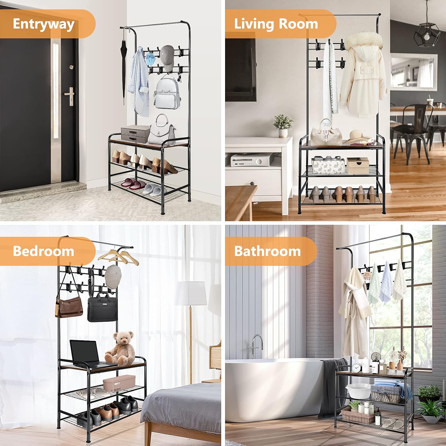 Coat Rack Shoe Rack for Entryway, Hall Tree Shoe Rack Bench Organizer Storage ,3 Tier Coat Rack Freestanding Industrial Storage Shelf Bench with 10 Double Hooks & Steel Frame for Hallway,Bedroom,Foyer: Home Improvement