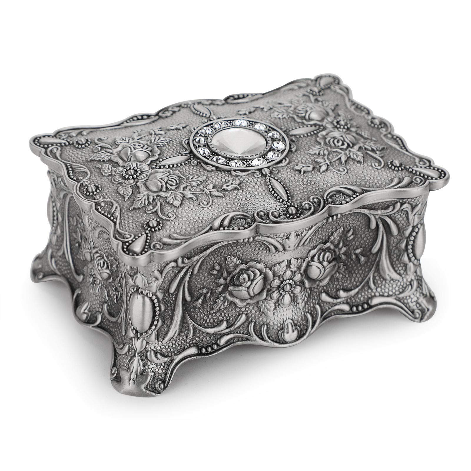 IGNPION Vintage Jewellery Box Small Jewelry Display Case for Ring Necklaces Earrings Trinket Storage Organizer Case Antique Silver Mini Keepsake Box