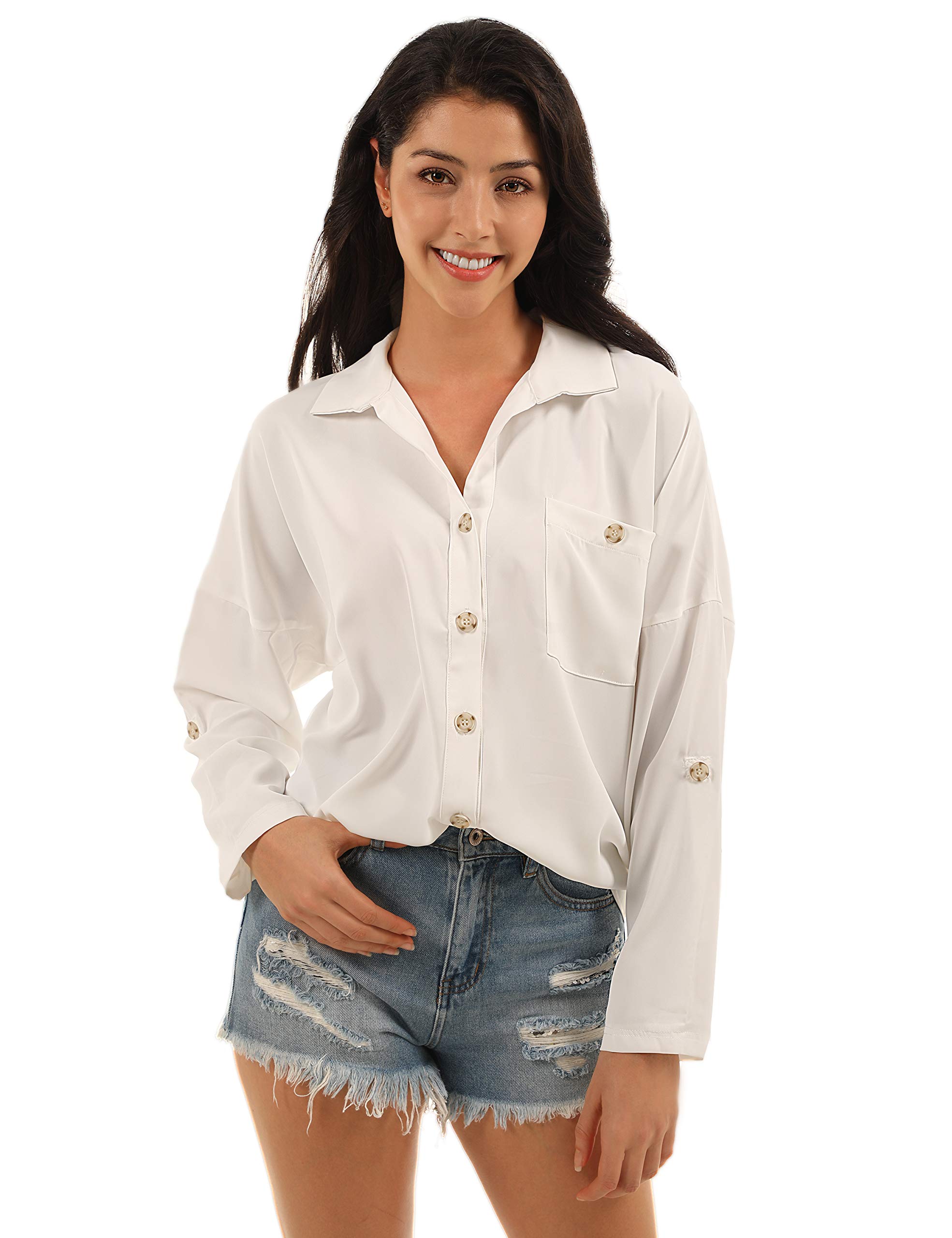 Blooming Jelly Womens Long Sleeve Button Down Shirt Collared V Neck Blouse Roll Up Sleeve Pocket Casual Tops (x-Large, White)