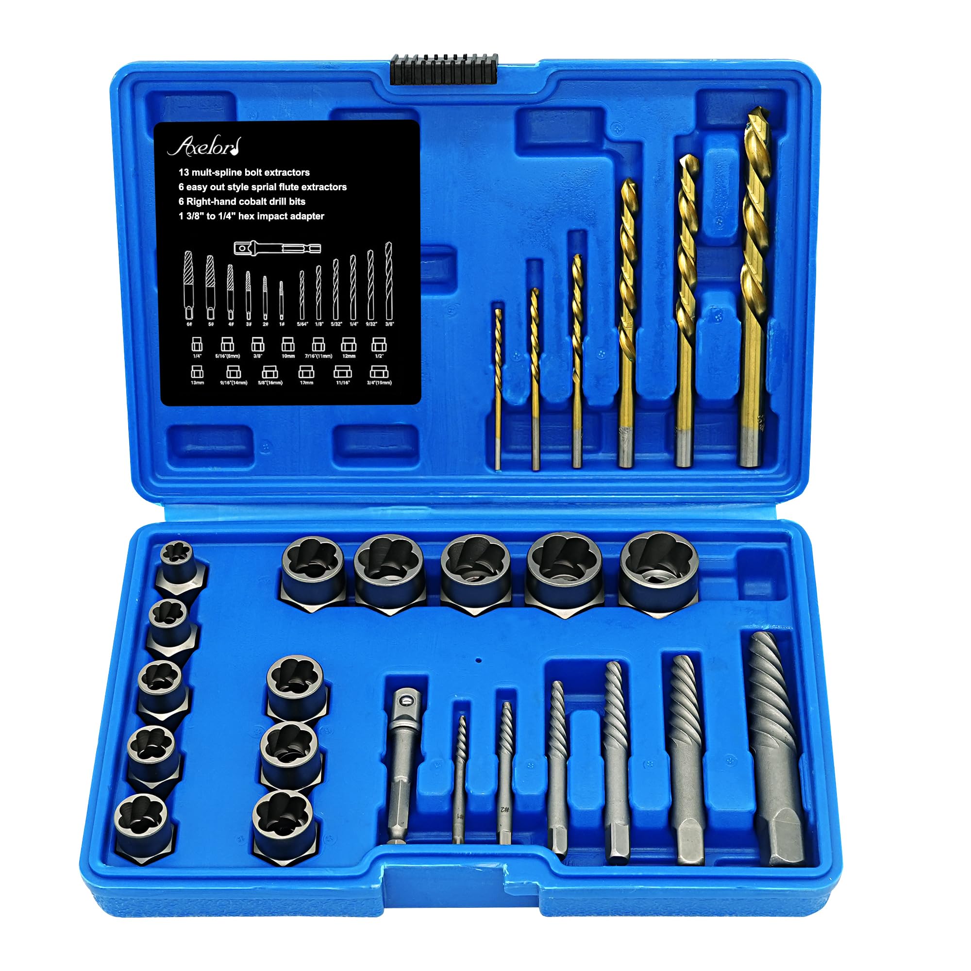 Photo 1 of Axelord Screw Extractor Set, 26 Pieces Bolt Extractor Kit & Left Hand Drill Bit Kit, Easy Out Bolt Extractor Set with Hex Adapter for Broken, Damaged, Rusted, Rounded-Off Bolts, Nuts & Screws