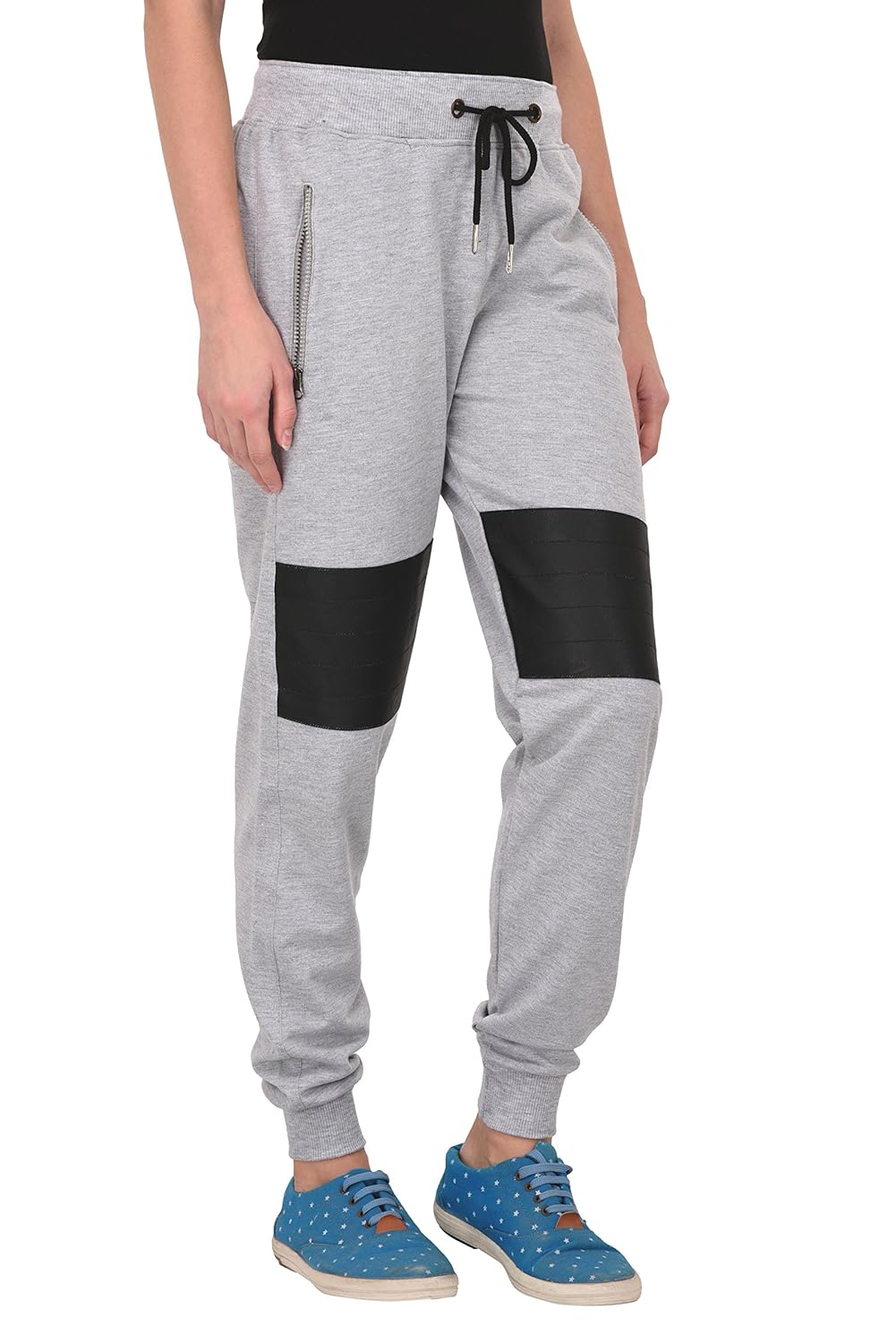 thread swag women's biker style cotton track pant with leather patch