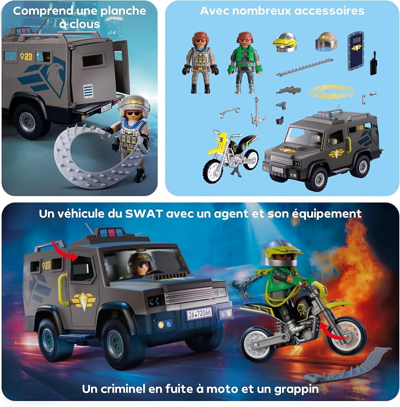 City Action Véhicule SWAT, avec Policier, Moto de Criminel et Herse, Jouet pour Enfants à partir de 4 Ans, 72066