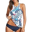 Holipick Women Two Piece Plus Size Sexy Backless High Neck Halter Floral Printed Top with Hipster Bottoms Tankini Set