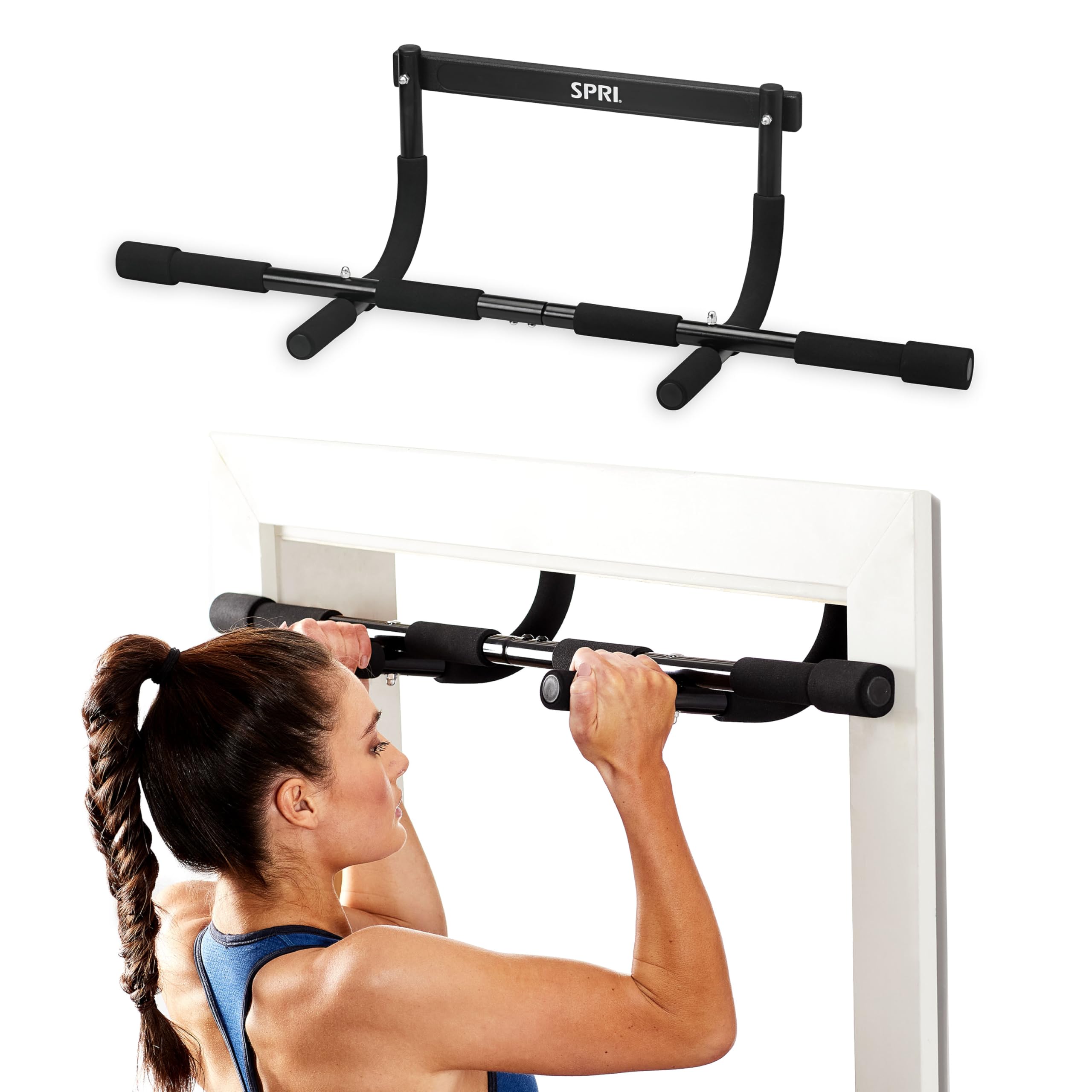 Photo 1 of ***MISSING HARDWARE*** SPRI Pull Up Bar - 8-Grip Door Frame Mounting Pull-Up Bar for Versatile Workouts - Rugged Steel Frame with Foam Handles - Supports 300 Pounds - Fits Door Frames Up to 32 in. Wide – Black)