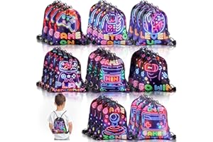 Huhumy 24 Pcs Video Game Party Favor Neon Game Drawstring Bags 12 x 10 Inch Video Theme Gifts Goodie Treat Candy Bags Party Supplies for Boys Girls for Kid Birthday