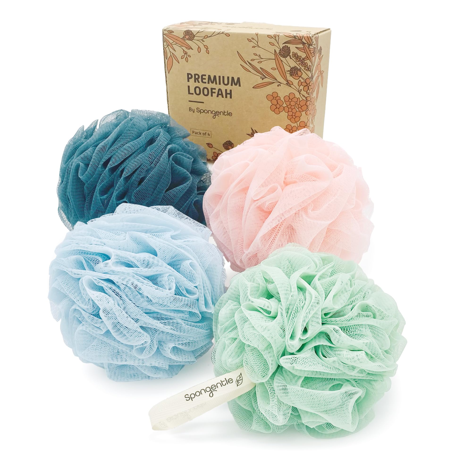 Photo 1 of Spongentle Premium Deep Cleansing Loofah Sponge for Radiant Skin, Pack of 4, Bath and Shower, Exfoliating Body Scrubber, Beautiful Colors for Women and Men