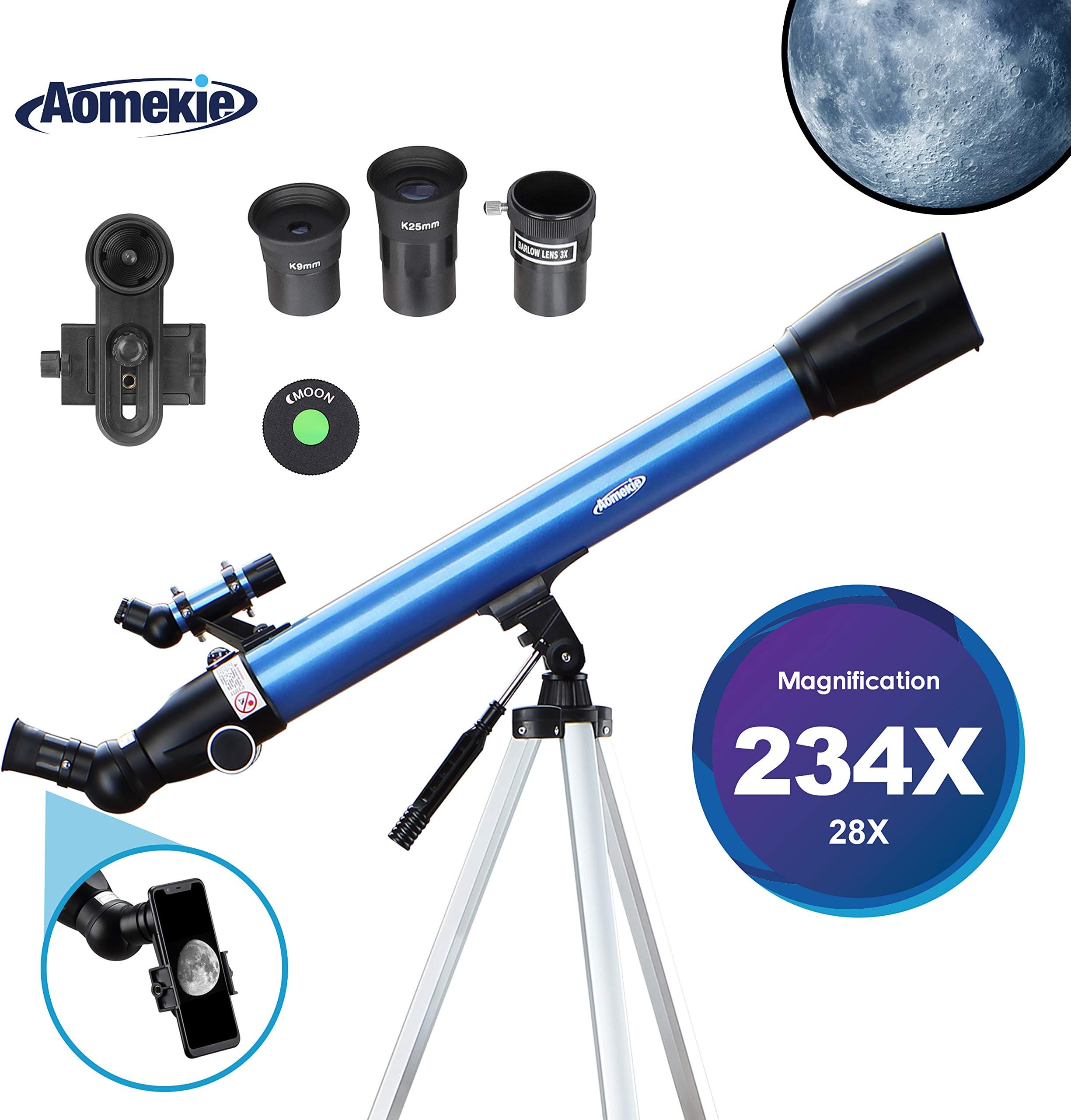 Aomekie Astronomical Telescope for Kids Beginners 60/700 Travel Scope with 10X Phone Adapter Adjustable Tripod Erect Finderscope and 3X Barlow Lens(F70060mm)