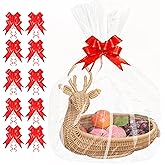 JOYIT 50PCS Large Cellophane Wrap for Gift Baskets, 18x30 Inch Clear Cellophane Bags with 50 Red Bows, 3 Mil Thicker Cellophane Gift Bags for Gift Basket Wrap, Gift Giving