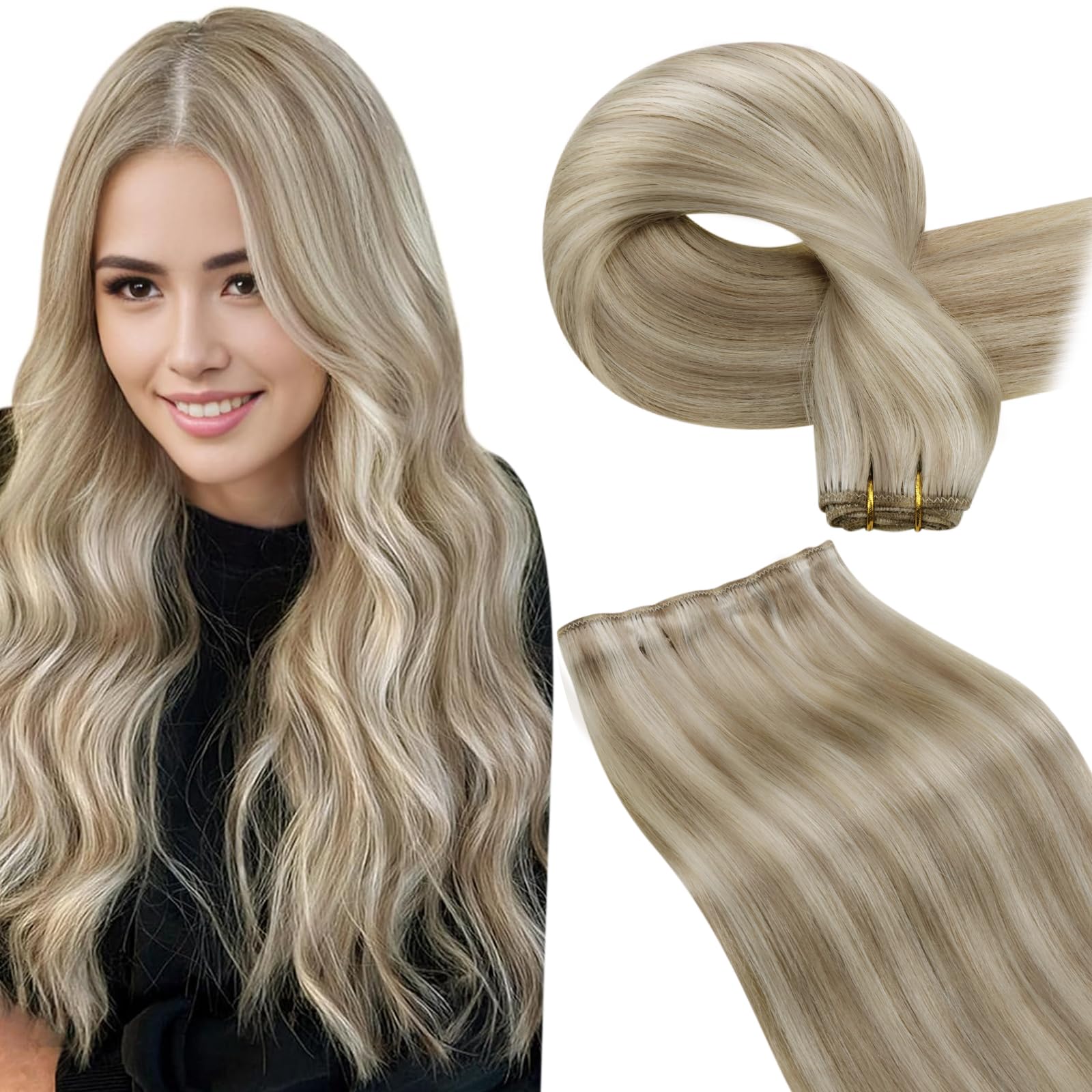 LaaVoo Weft Hair Extensions Real Human Hair 100g 22 Inch Blonde Sew in Hair Extensions Full Head Straight Highlight Ash Blonde Remy Invisible Double Weft Weave #18/613