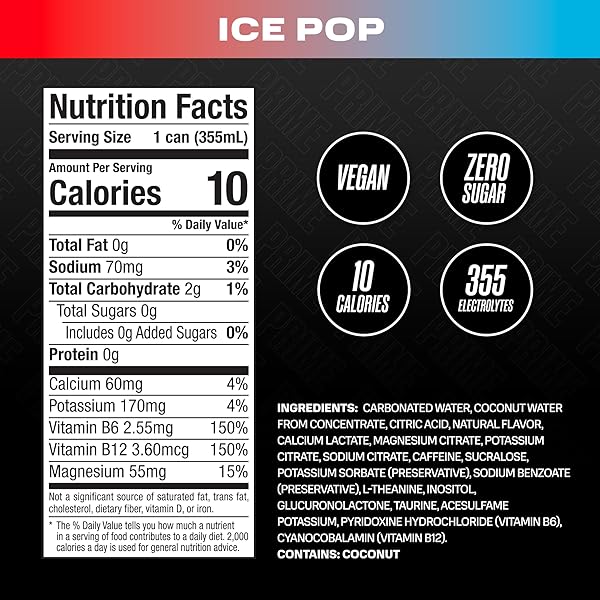 PRIME ENERGY ICE POP | ZERO SUGAR ENERGY DRINK | PREWORKOUT ENERGY | 200MG CAFFEINE WITH 355MG OF ELECTROLYTES AND COCONUT WATER FOR HYDRATION| VEGAN | GLUTEN FREE |12 FLUID OUNCE | 12 PACK