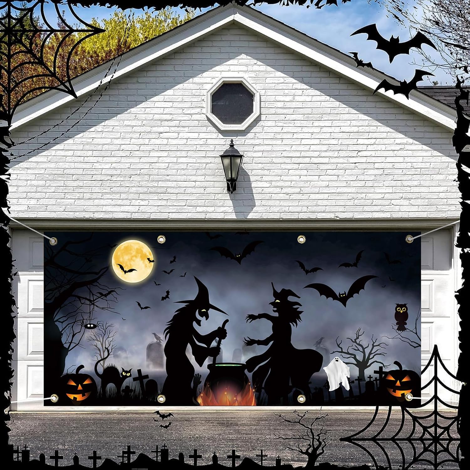 Garage Door Decorations - Halloween Garage Door Banner Cover with Grommets 6 x 13 ft Halloween Decorations Bloody Backdrop Footprints Handprints Ghost Horror Background