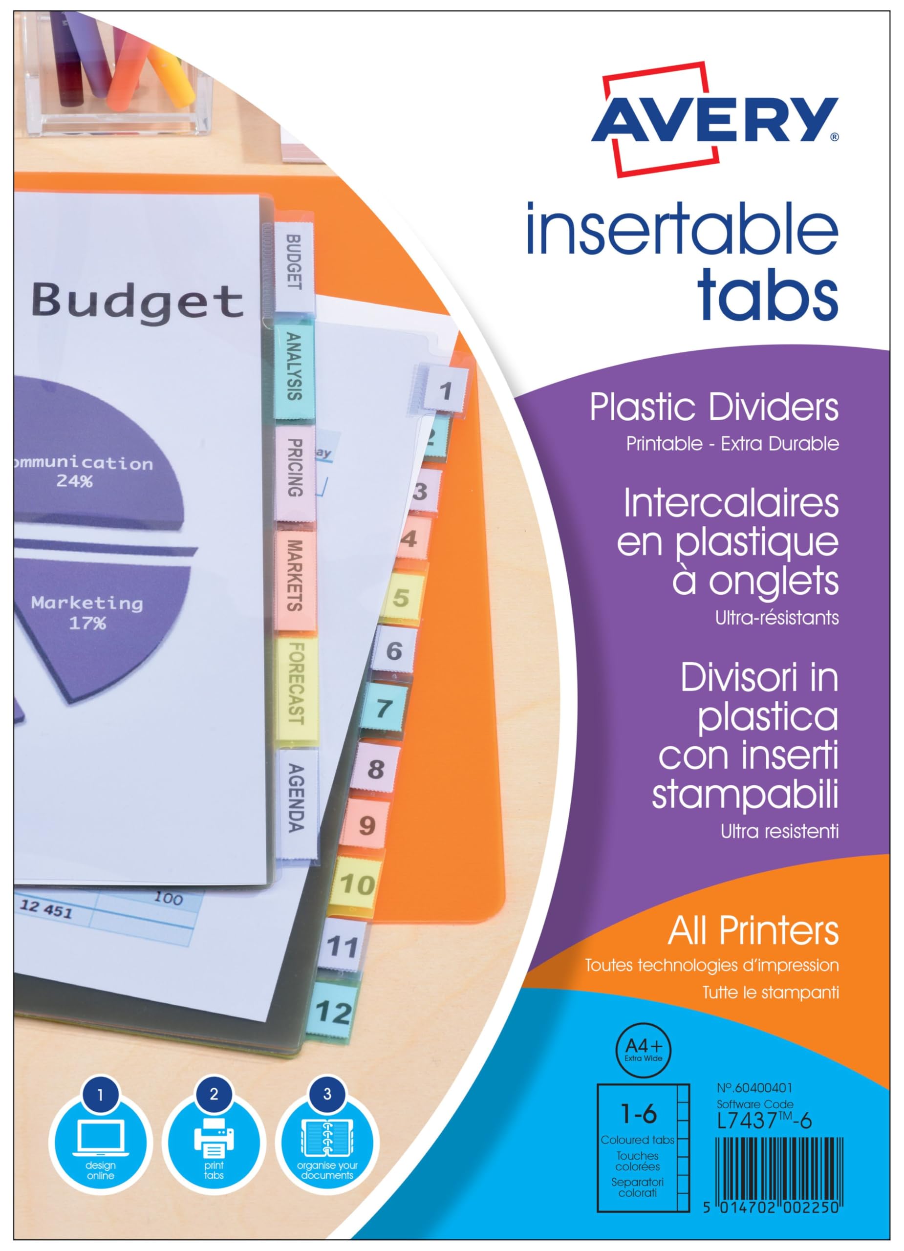 AVERY 60400401-1 Set of Transparent Polypropylene Dividers with Tabs personnalisables. A4 for Laser and Inkjet Printing