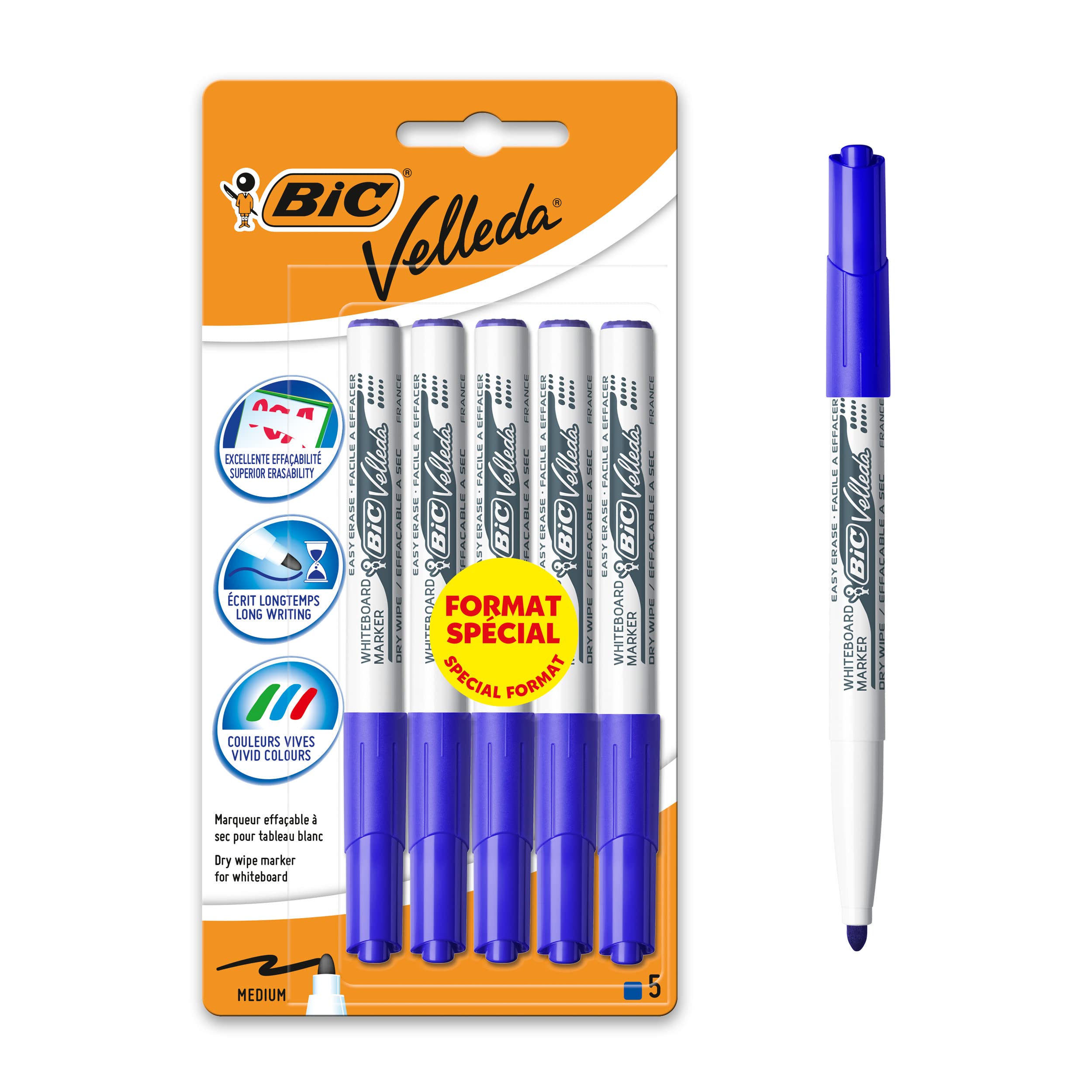 BIC Velleda 1741 Dry Wipe Whiteboard Markers, Medium Conical Tip – Blue, Blister Pack of 5