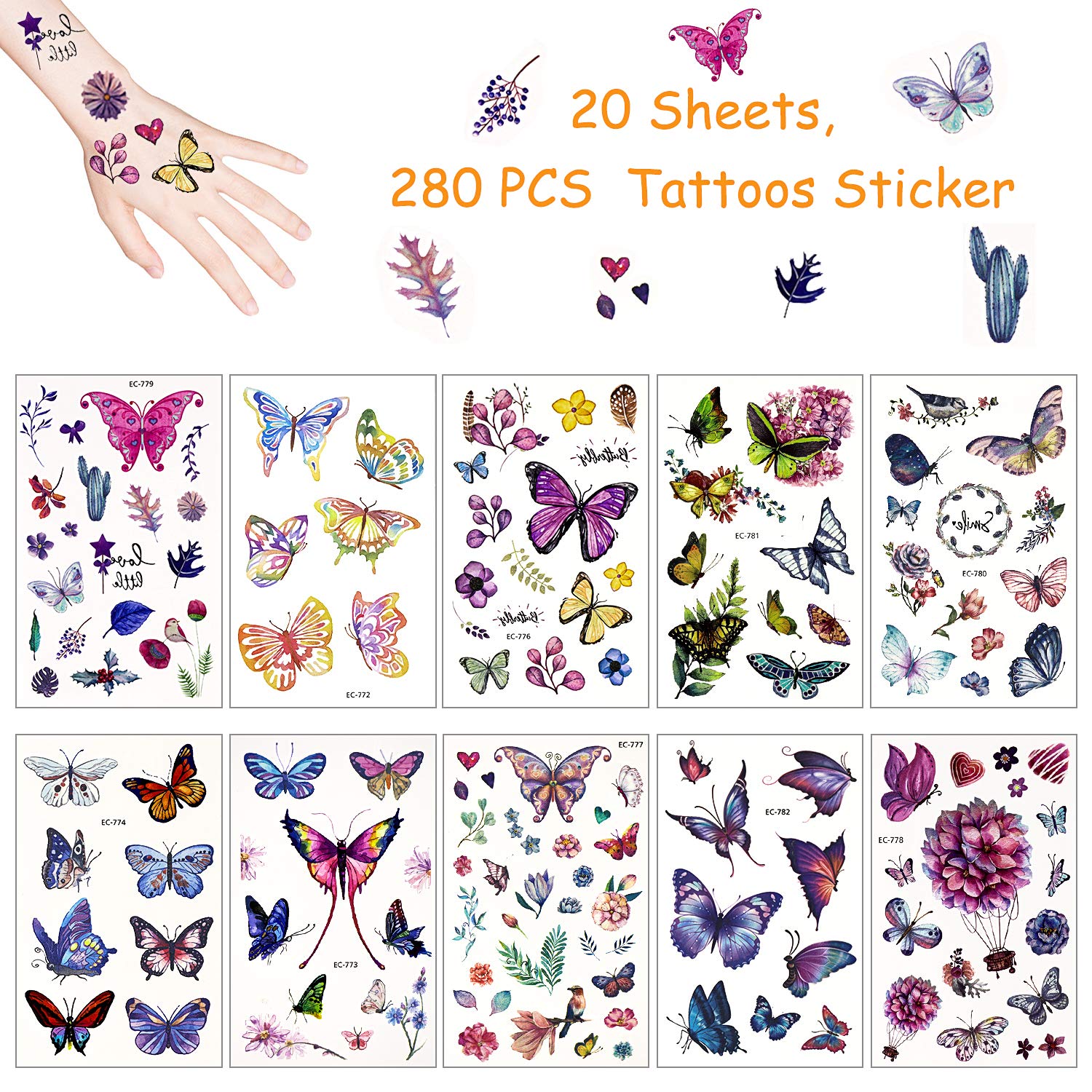 Yojoloin 280 Pcs Kids Tattoos Butterfly Temporary Tattoos Sticker Waterproof Tattoo Sticker, For Children Girls Party Favors Birthday Party Supplies Gifts Party Bags Filler for Kids (20 Sheets).