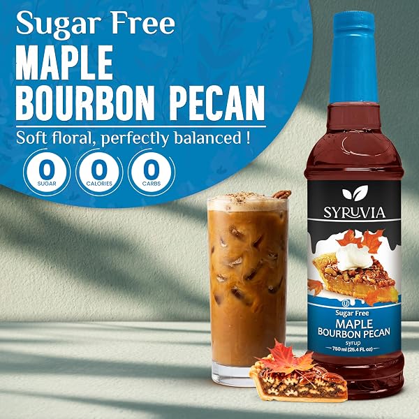 SYRUVIA SUGAR FREE COFFEE SYRUP, MAPLE BOURBON PECAN FLAVORED SYRUP FOR DRINKS, LATTES, AND DESSERTS – 25.4 FL OZ