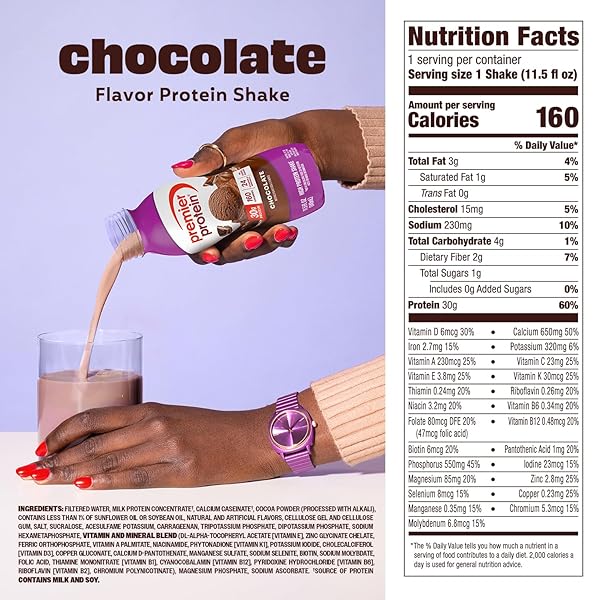 PREMIER PROTEIN SHAKE, CHOCOLATE, 30G PROTEIN, NO ADDED SUGAR, 24 VITAMINS & MINERALS TO SUPPORT IMMUNE HEALTH, 11.5 FL OZ, 6 PACK