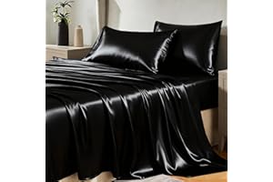 CozyLux Satin Sheets Queen Size Bed Set - 4 Piece Silky Queen Sheet Set, Luxury Black Queen Sheets with Smooth and Soft Microfiber, Includes 1 Fitted Sheet, 1 Flat Sheet and 2 Pillowcases