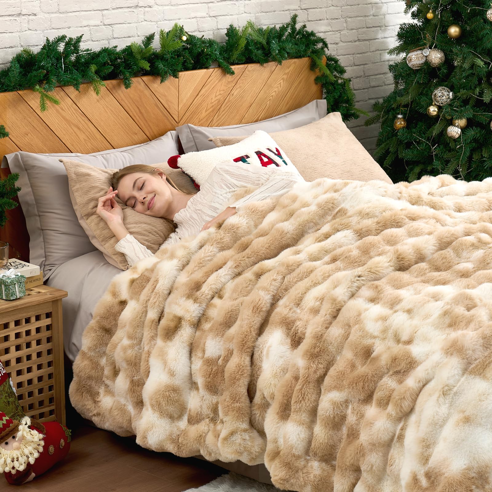 Photo 1 of Cozy Bliss Faux Fur Throw Blanket Queen Size, Fuzzy Soft Plush Thick Bubble Blanket for Bed Couch Bedroom Living Room, 90x90 Inches Tie-dye Beige