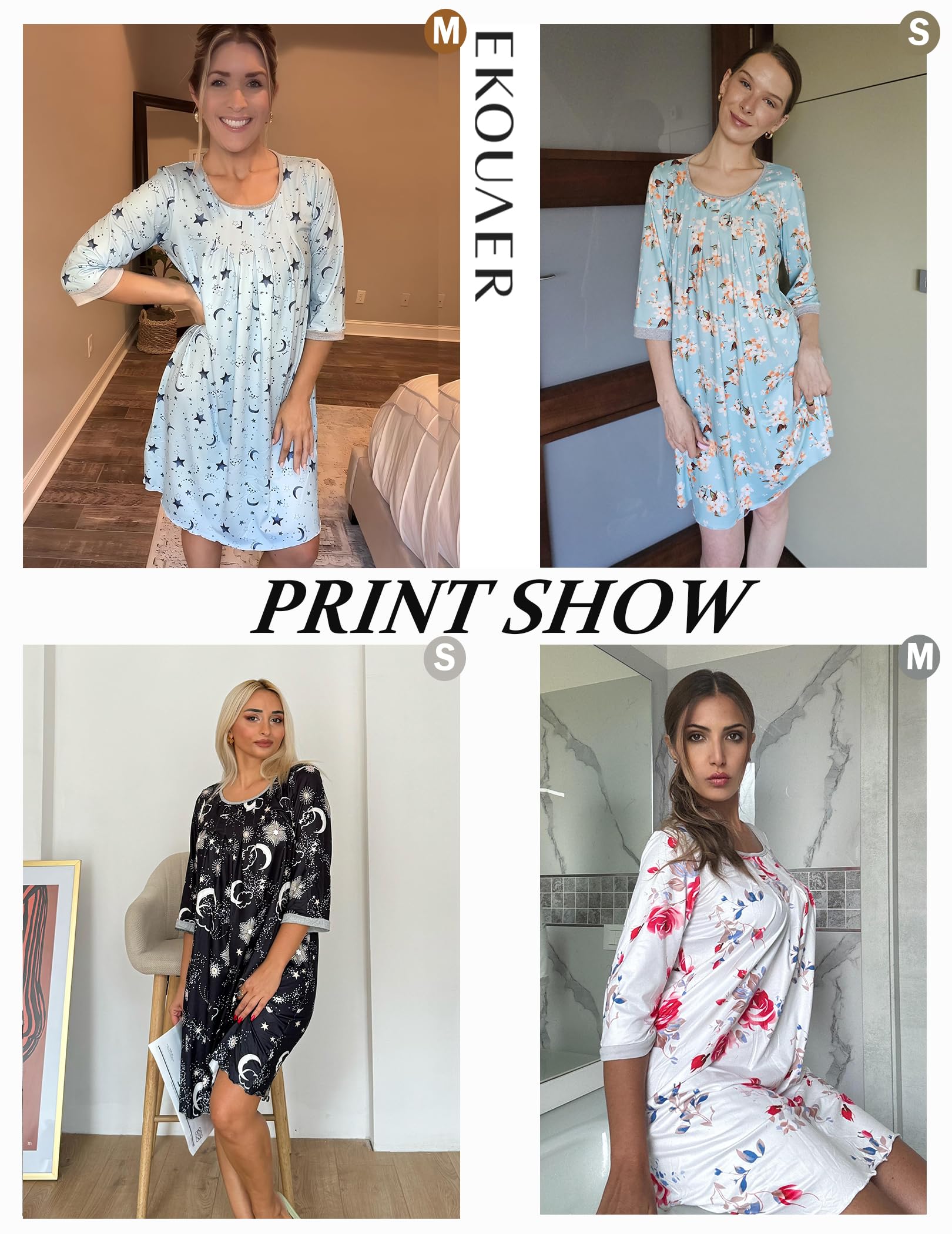 Ekouaer Ladies Nightgown O Neck Sleepwear 1/2 Sleeve Soft Sleepwear for Women，Black S