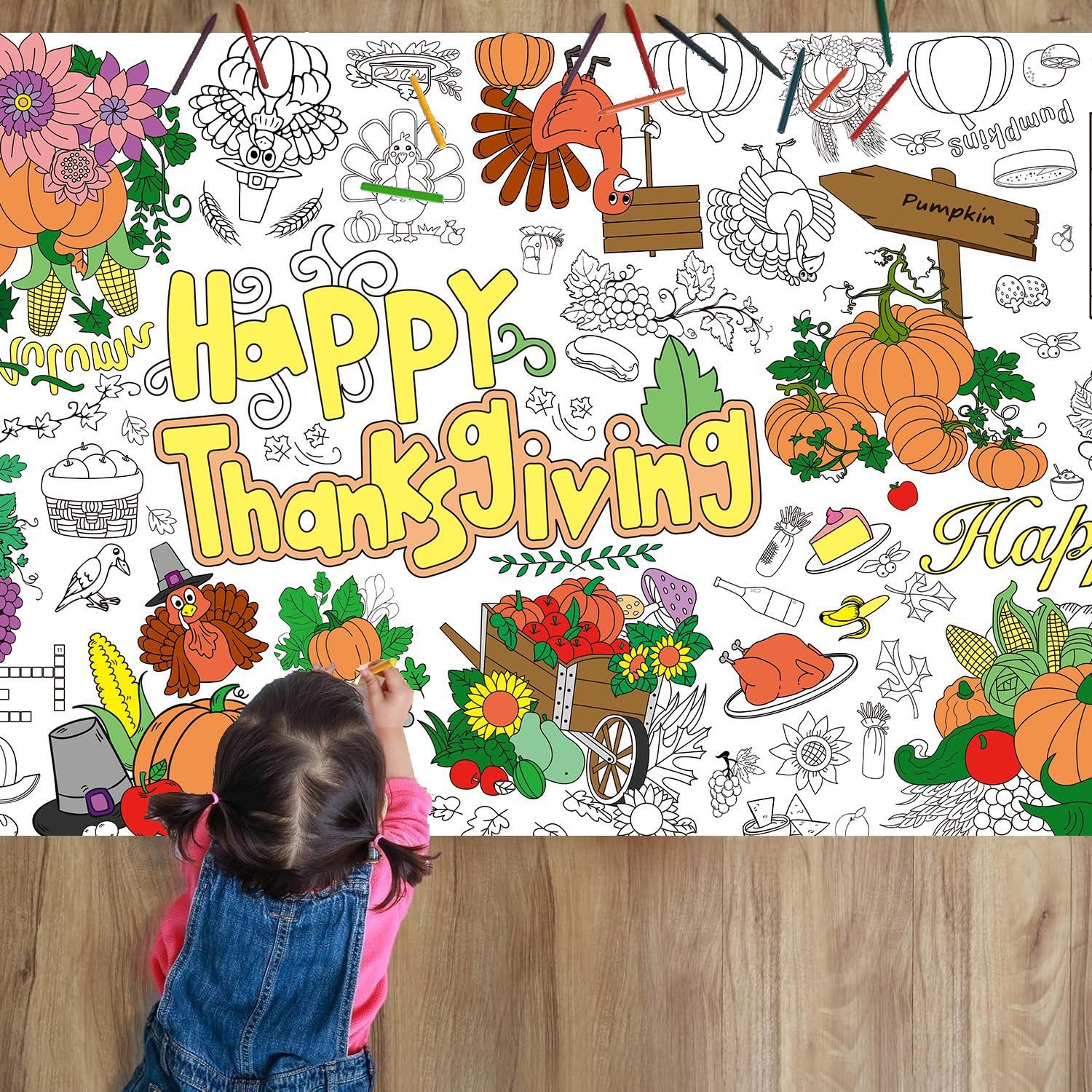 Sanguanlun Giant Easter Coloring Poster and Tablecloth | Fun Family Activity & Party Game for Kids & Adults | Jumbo Paper Banner Table Cover - 34x72 Inches (Thanksgiving)
