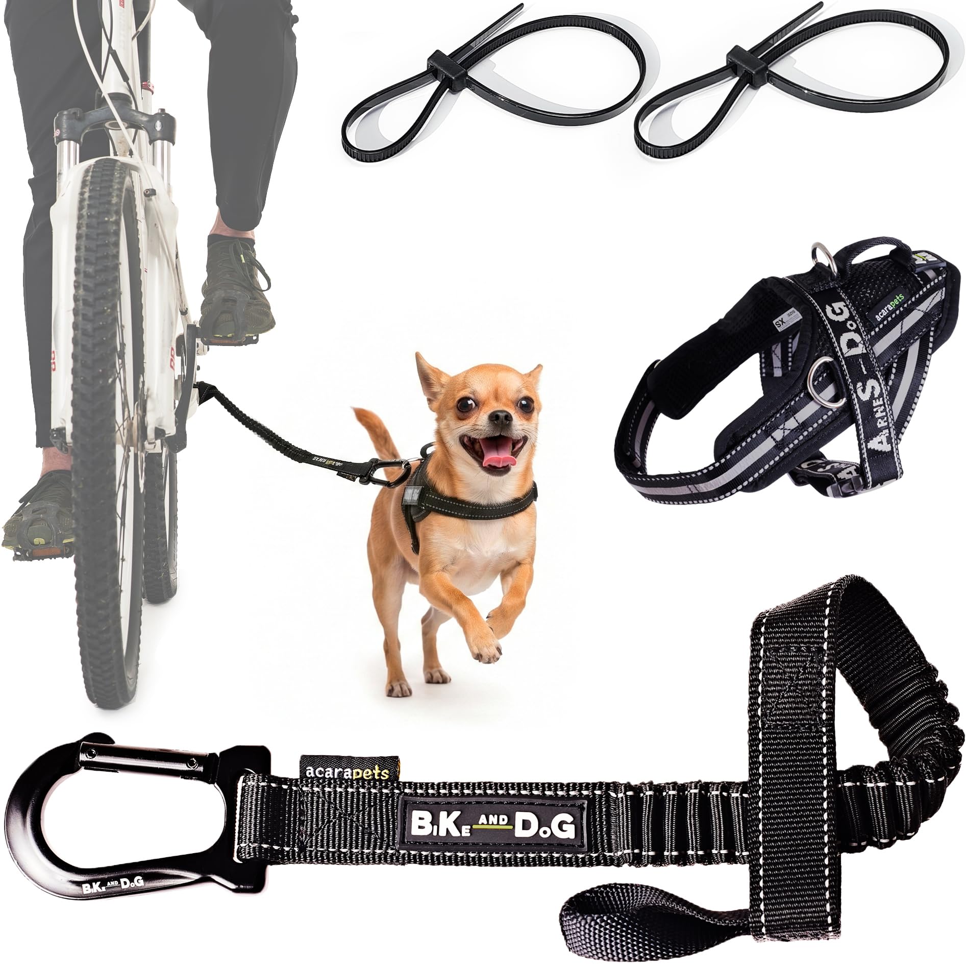 BIKE AND DOG - Dog leash and dog harness for bicycle, harness with side rings, includes 2 bicycle straps. Patented. (Black, Leash-harness XS)
