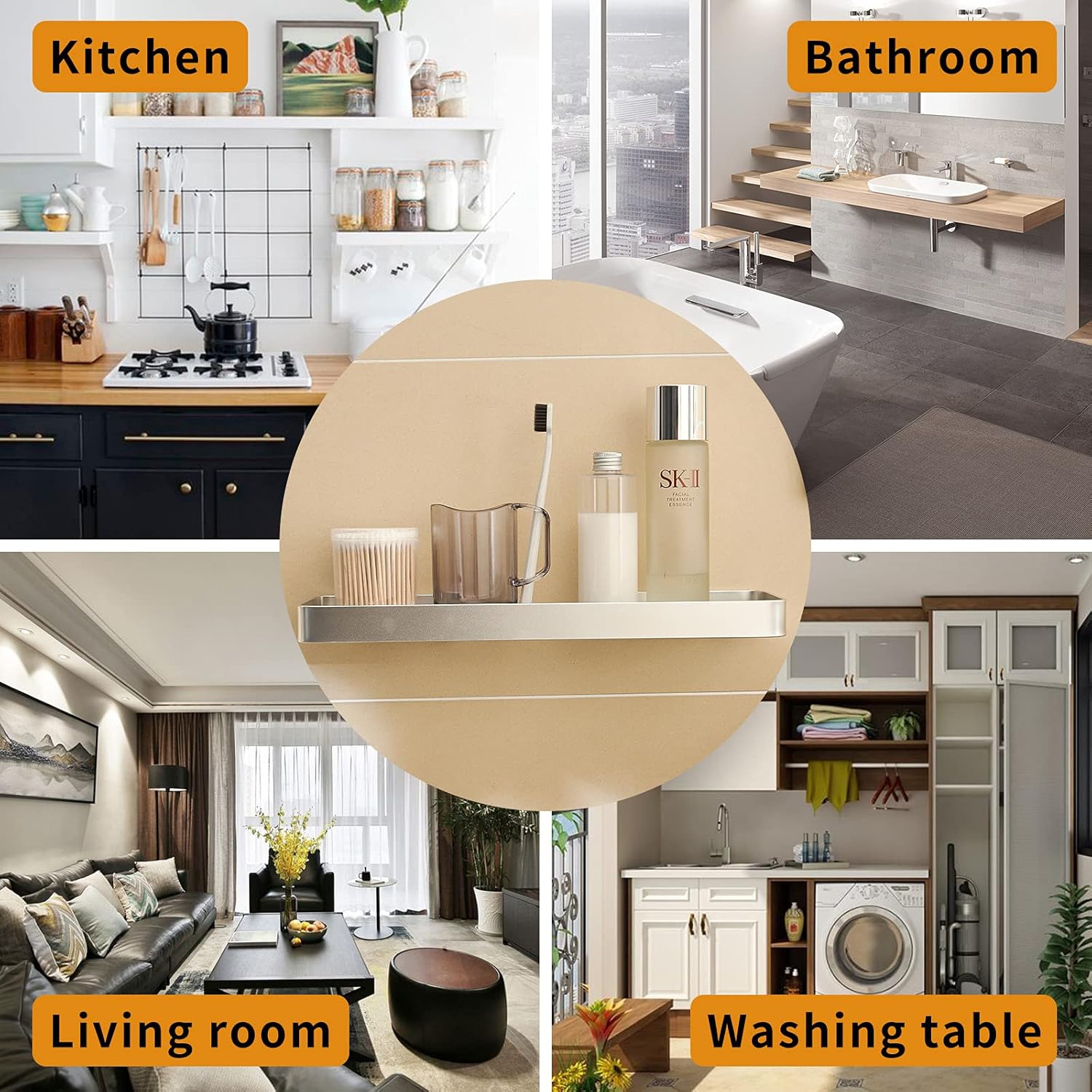 Bathroom Shelving Solution, Rectangular Tempered Glass Bathroom Shelf Wall Mounted, with Aluminum Frame, Shower Storage Organizer (16 inch, Matte Silver): Kitchen & Dining