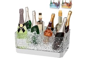 Plastic Ice Bucket for Parties, 15L Extra Large Clear Beverage Tub for Champagne Beer Drink Wine Cocktails, LED Light Up, Lea