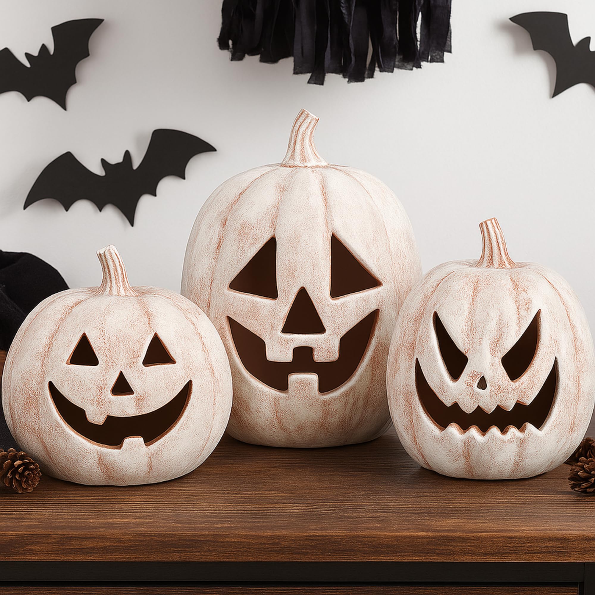 Photo 1 of Vicenpal 3 Pcs Terracotta Pumpkin Decorations Light up Halloween Pumpkin Lantern Vintage LED Resin Halloween Lights Decor for Fall Home Porch Front Door Mantel Room Decorations