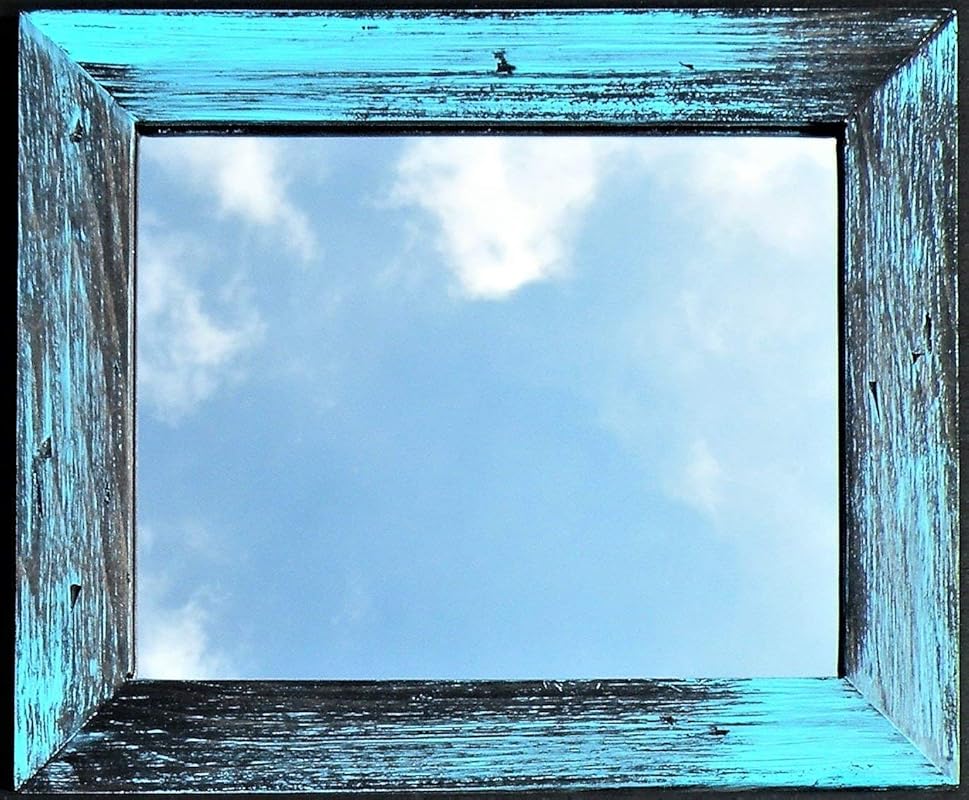 Distressed Turquoise and Black Mirror, Handmade Rustic Aqua Blue Pine Wood Framed